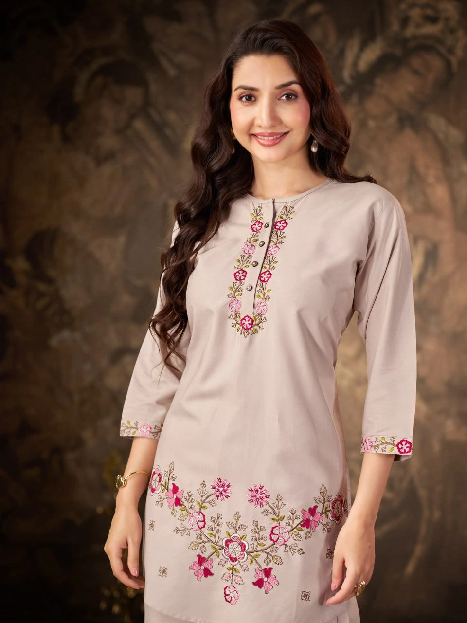Beige Thread Embroidered Coord Set front bust view Kalyanja KC22